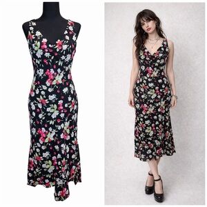 Vintage 90s Floral Slip Dress Small Handkerchief Hem Cherry Print Soft Grunge